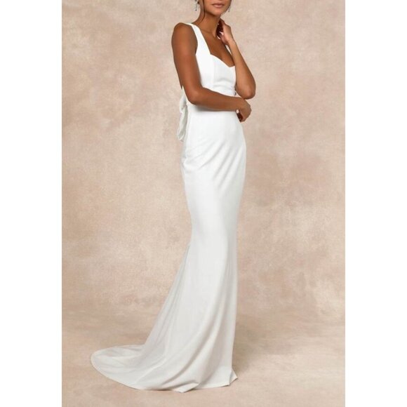 Lulu's NWT Romantic Glow Backless Pearl Bow Wedding Gown Maxi Dress Sz Medium Wh - Picture 7 of 16
